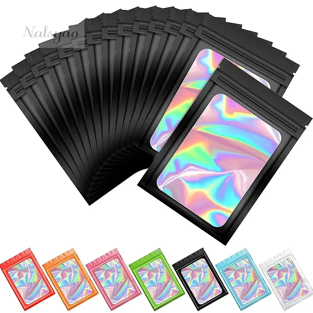 50Pcs Thick Smell Proof Mylar Bag Holographic Color Plastic Packaging Pouch for Jewelry Retail Storage Gift Zip Lock Bag
