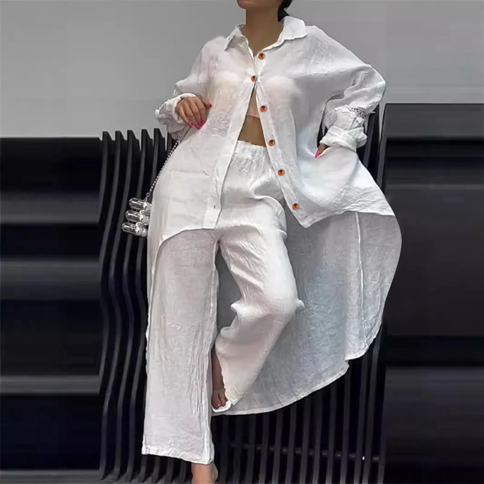 Spring Autumn Two Piece Sets 2024 Women Casual Long Sleeve Pocket Shirts 2 Piece Set Fashion Loose Wide Leg Pants Suit Outfites