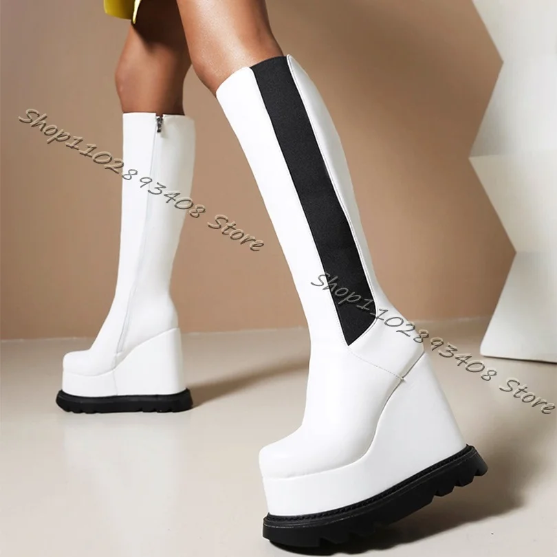 

White Platform Splicing Knight Boots Women Spring Side Zipper Wedges Heels Round Toe Boots Design Fashion Shoes Zapatillas Mujer