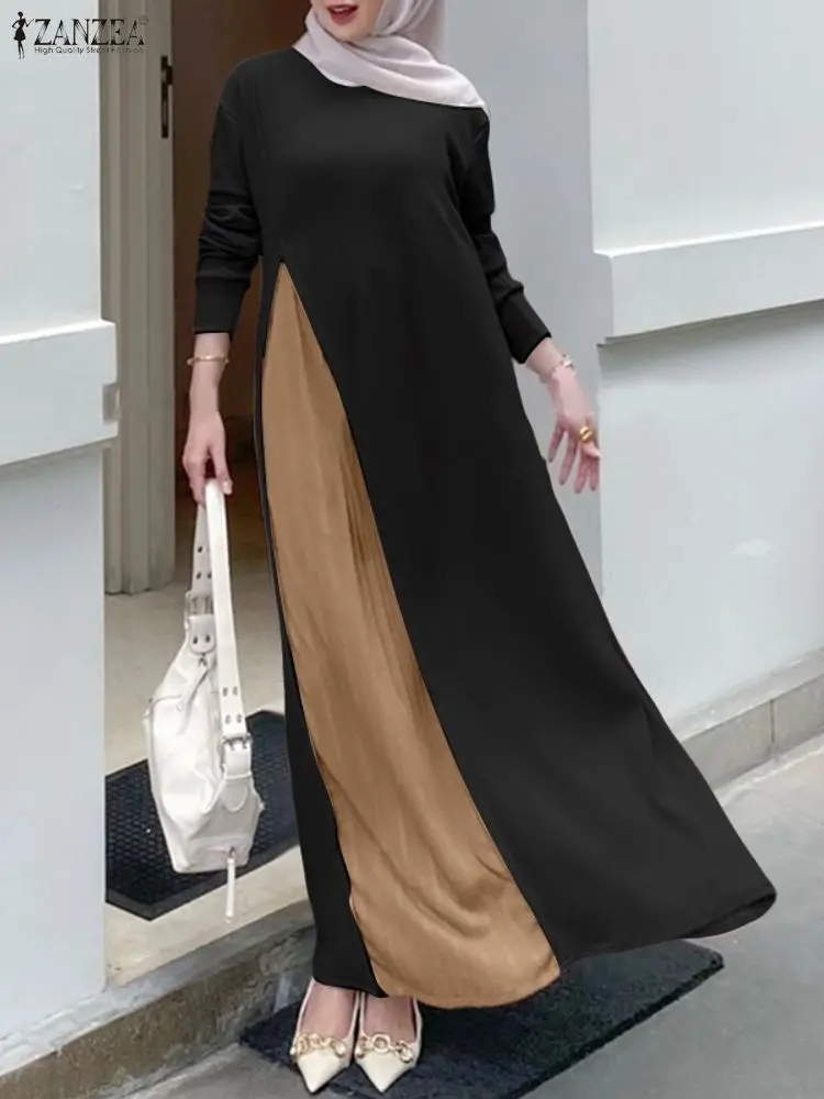 2025ZANZEA Herbst Elegante Langarm Gestrickte Kleid Maxi Robe Frauen Patchwork Kleider Muslimischen Abaya Robe Femme Plissee Sommerkleid