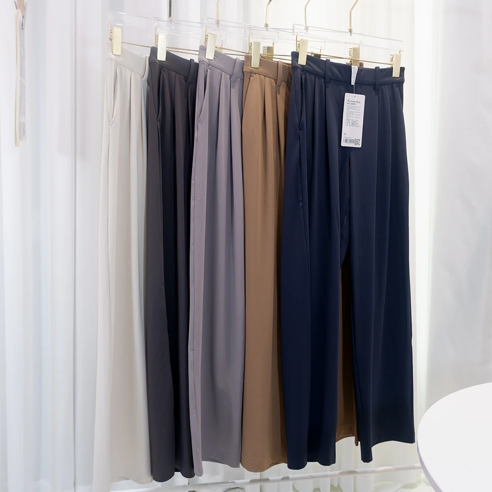 Pocketed suit pants with pleats, cool feeling, versatile wide-legged, long pants, casual, straight-cut, elastic waist