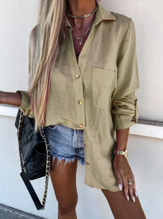 Women's Spring/summer Wear Solid Color Versatile V-Neck Button Pulling Sleeves Flip Collar Shirt Solid Color Top Sexy