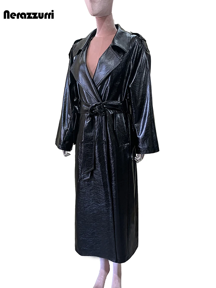 Nerazzurri Autumn Long Oversized Shiny Black Soft Pu Leather Trench Coat for Women Sashes Raglan Sleeve Double Breasted Overcoat