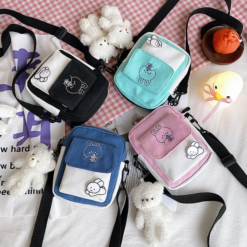 

Cute Two Tone Canvas Phone Crossbody Bag with Bunny Embroidery Plush Bear Charm Adjustable Strap Mini Minimalist Shoulder Purse