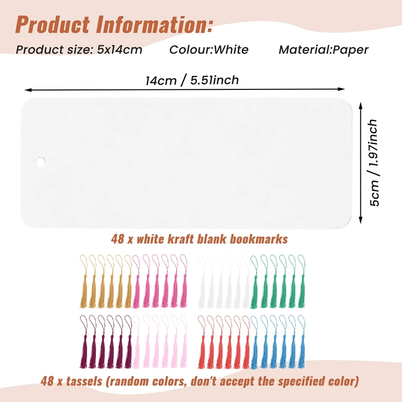 48 segnalibri di carta Segnalibri di cartoncino vuoto con nappe colorate per etichette regalo fai da te Crea il tuo segnalibro