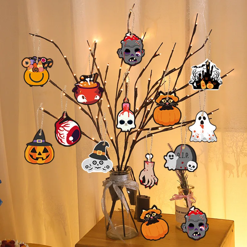 Small Hanging Plaque for Halloween Party, Skull and Pumpkin, Spooky Paper Hangings, Ghost Festival Supplies, 12 PCs