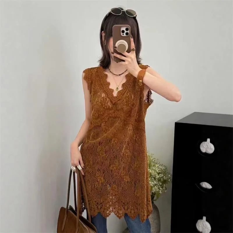 Abito senza maniche in pizzo con scollo a V trasparente a uno strato Primavera Estate Donna Abiti copricostume sexy scavati in cammello nero caffè