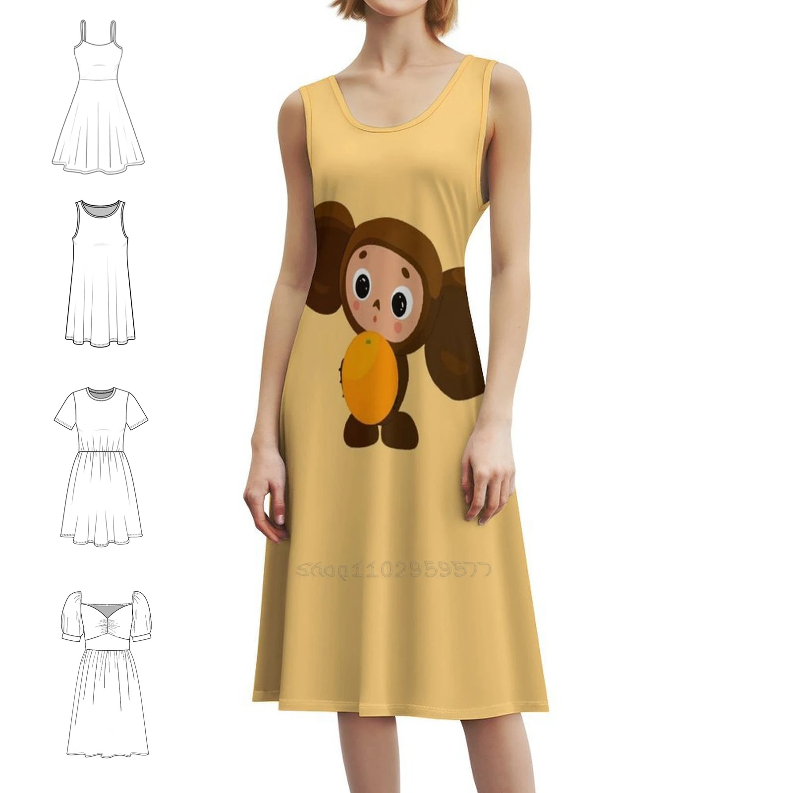 فستان Cheburashka البوهيمي العتيق بأكمام منتفخة أو خيارات بدون أكمام للنساء فستان Cheburashka الروسي الكرتوني البرتقالي للمرأة #1