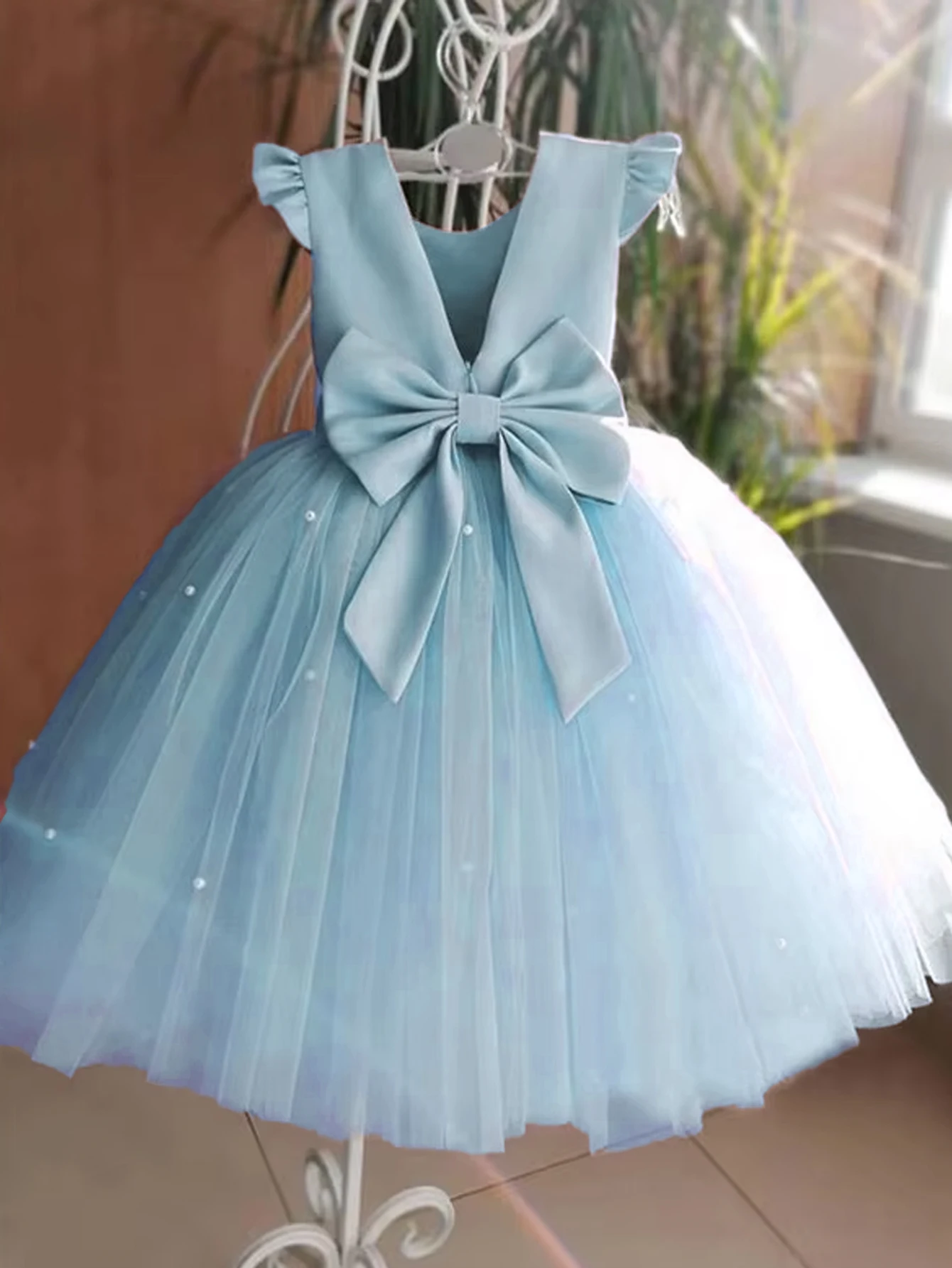 

Princess Girl Wedding Flower Girl Dresses Pearl Tulle Poncho Bow V Back Banquet Dresses Formal Dresses