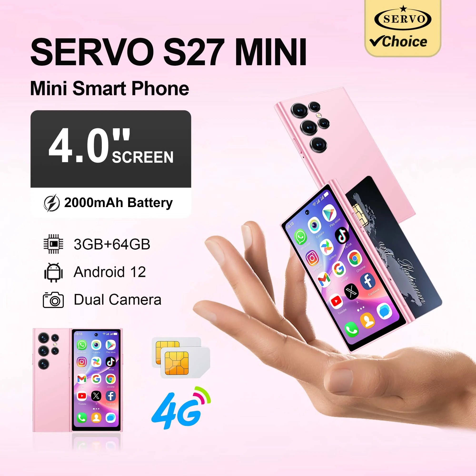 

SERVO S27 Mini Pocket 4G LTE Smartphone 4.0" Display 3GB RAM 64GB ROM Dual SIM Face Unlock GPS WiFi Play Store Small Cell Phone
