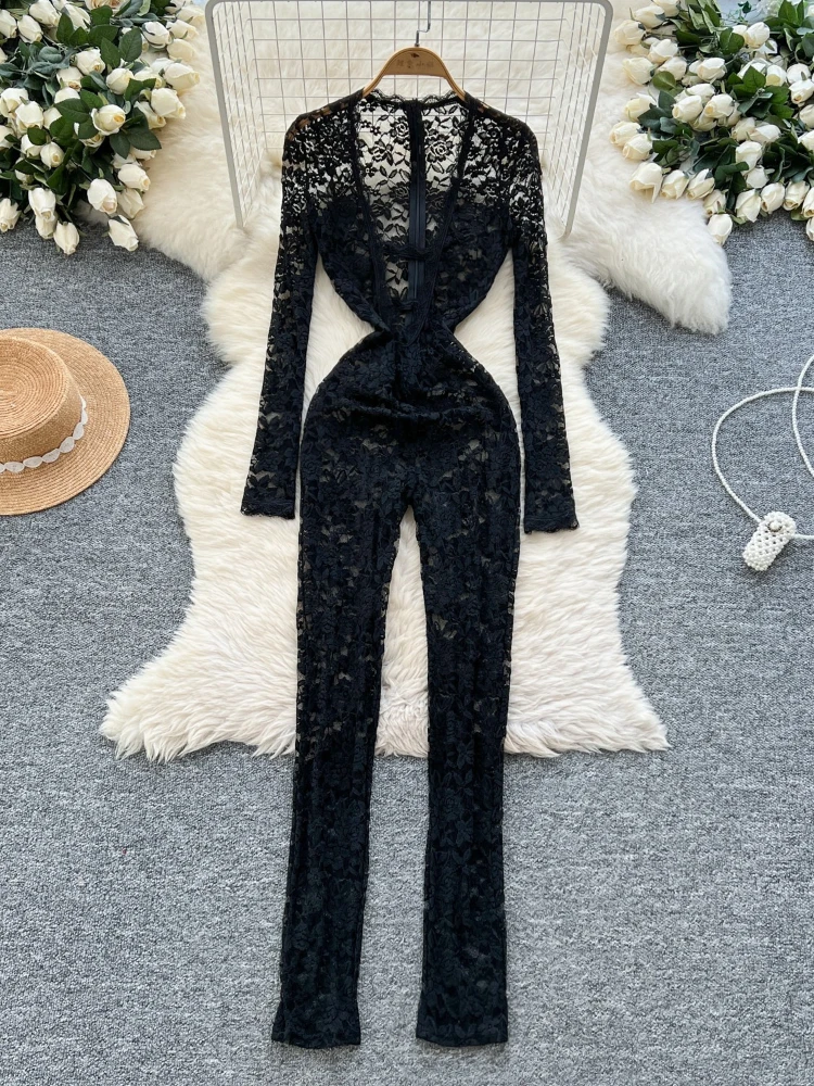 

Sexy see through lace jumpsuit women spring new V-neck with chest tight fitting personality long sleeve shapewear pants