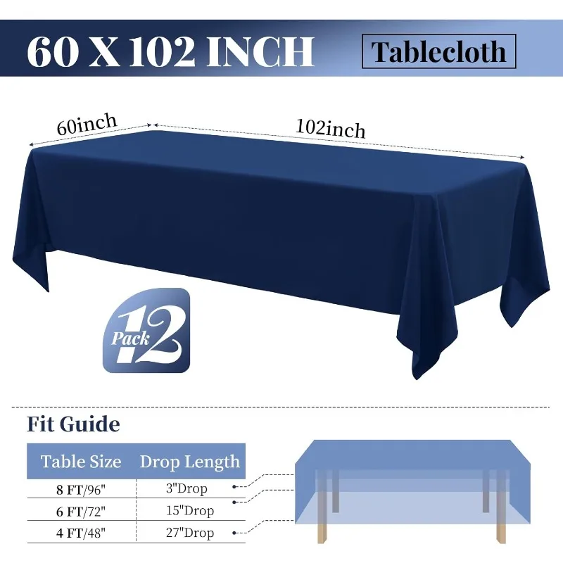 12 Pack 60 x 102 Inch Rectangular Tablecloths for 6 Feet Rectangular Tables, Washable Cloth Tablecloths for Buffet Parties