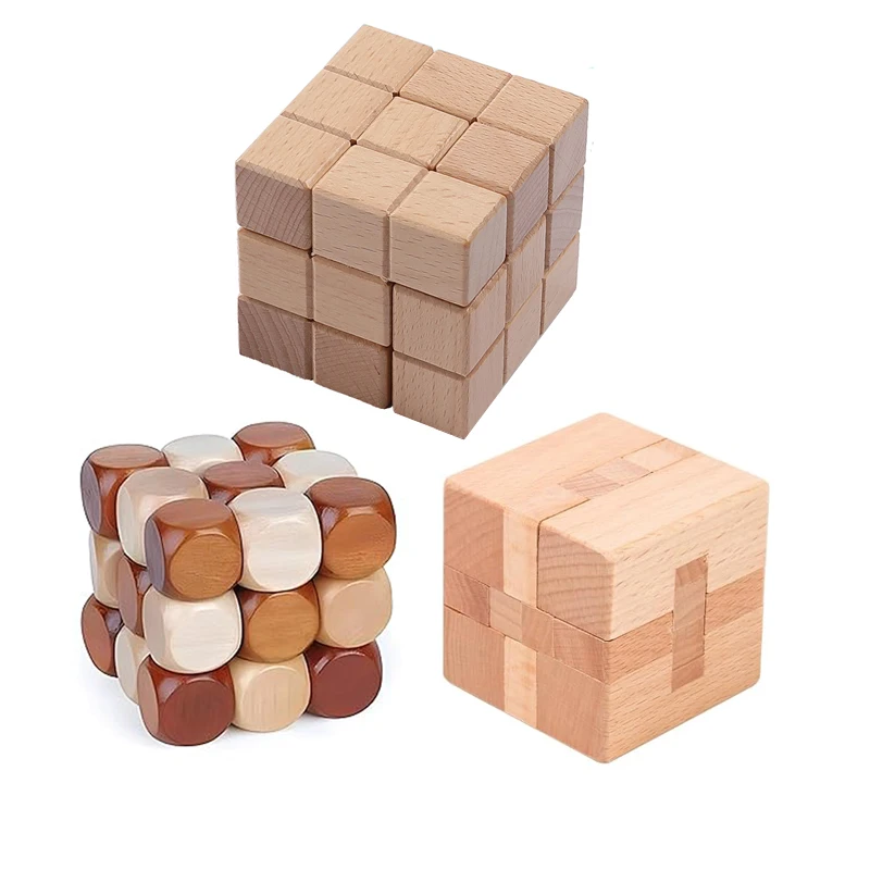 Classic Luban Lock Puzzle 3PCS Set Wooden Brain Teaser For Adults