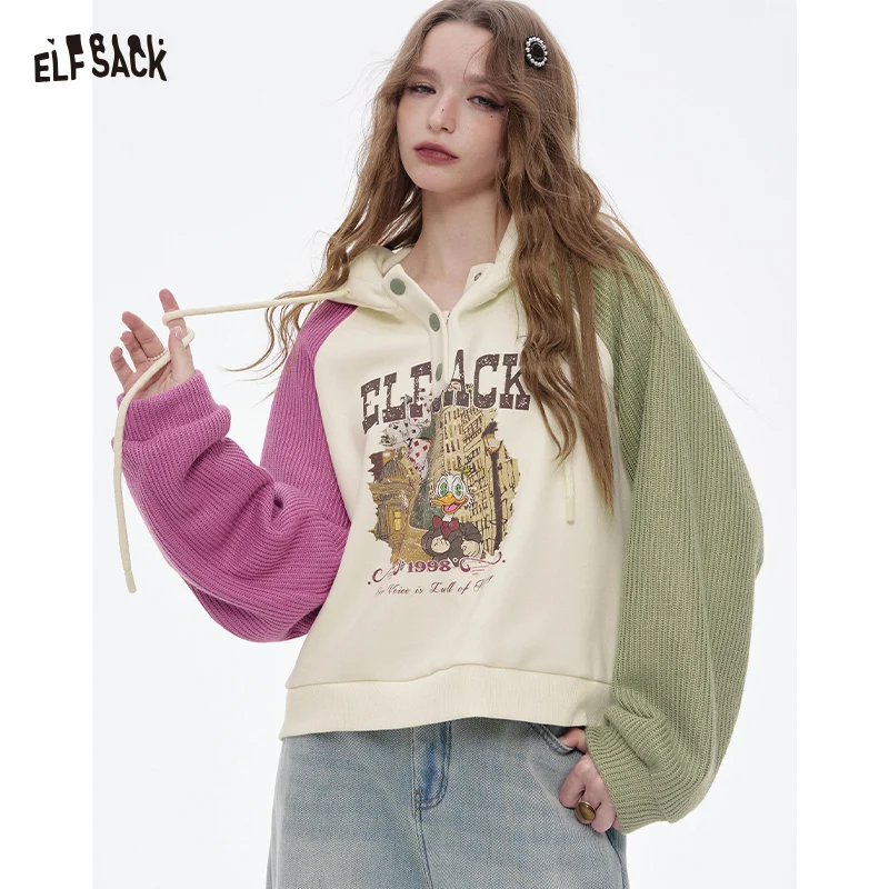 ELFSACK 2025 Winter New Arrivals Y2K Casual Loose Contrast Sleeve Animal Graphic Button Collar Hooded Drawstring Cropped Sweatsh