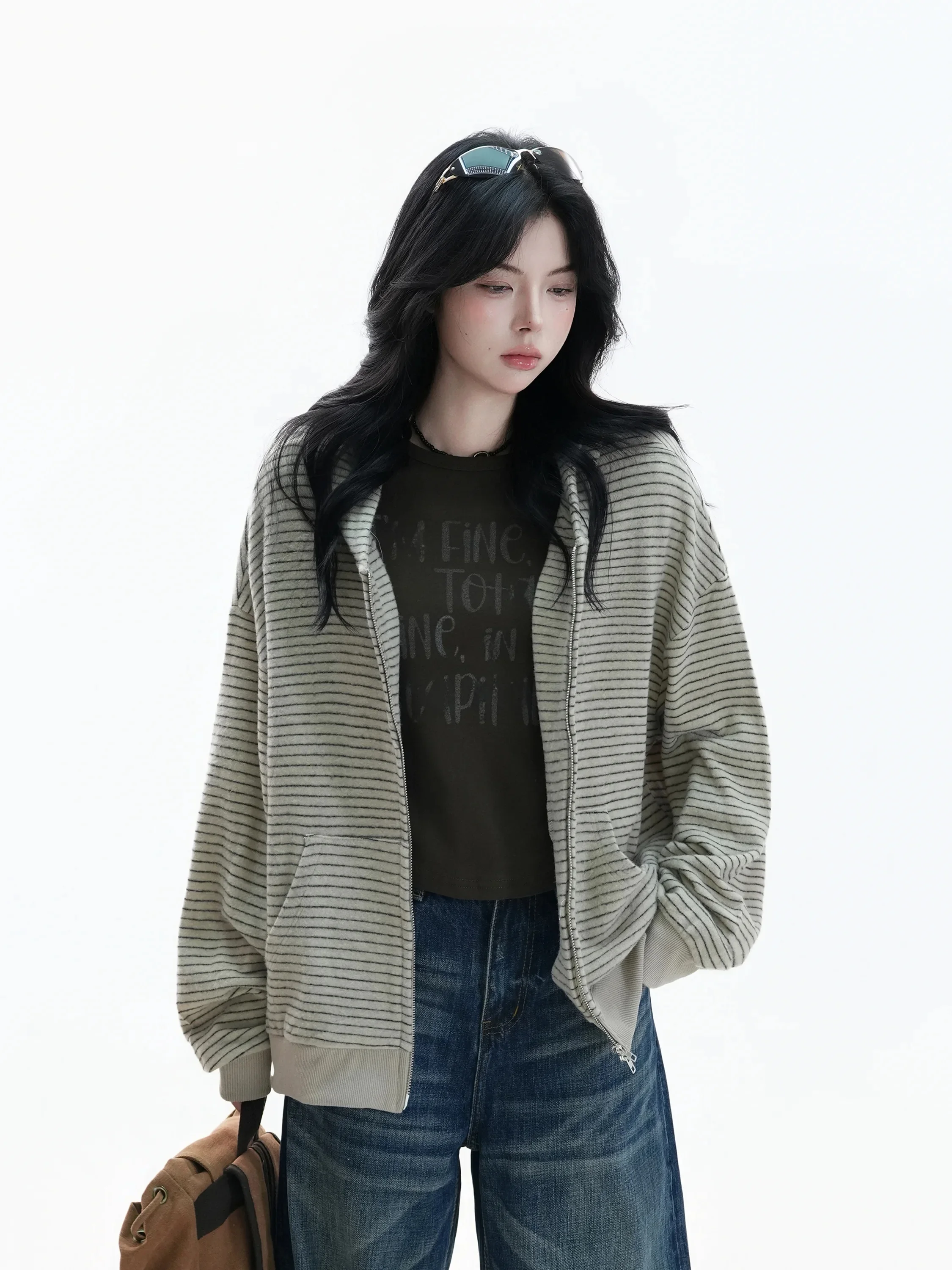 Korean Style Lazy Stripe Color Block Hoodie Cardigan Loose Fit Long Sleeve Zipper Casual Fashion Polyester Blend Youth Coat