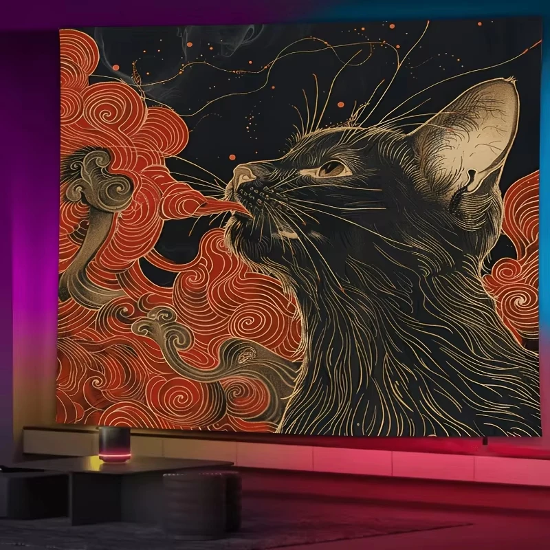 Ukiyo-e Art Japanese Cat Swallowing Clouds Wave Fabric Fun Tapestry Family Bedroom Dormitory Party Event