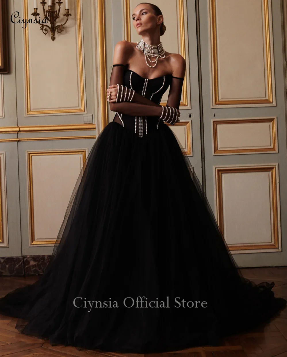 Sukienki wieczorowe Ciynsia z odkrytymi ramionami, czarne, z długim rękawem, zdobione perłami, linia A, tiulowe suknie balowe, seksowne sukienki formalne z odkrytymi plecami, kolekcja 2026