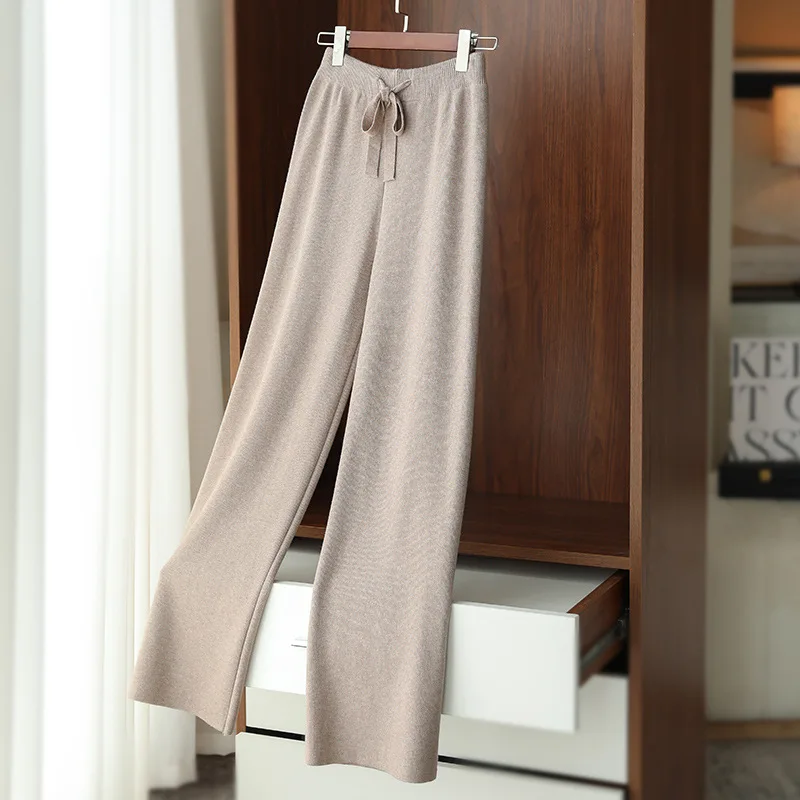 

XIZOU Women Knitted Wide Leg Pants Autumn Winter Basic Soft Warm Knit Trousers Casual Drawstring Style New 2025 Office Commuting