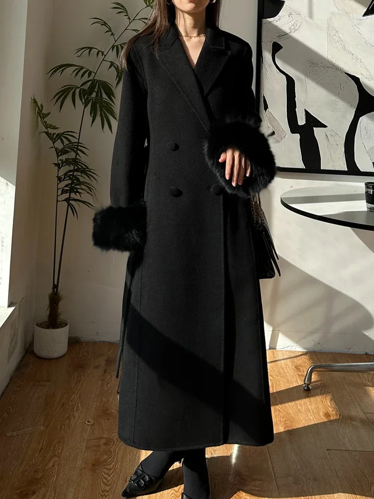 Elegant Women Cashmere Wool Long Coat Slim Natural Fox Fur Sleeves Double Breasted Woolen Coat Fashion Lace-up Fit Autumn Winter