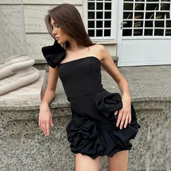 Women Elegant One Shoulder Floral Evening Dress Black Short Mini Dresses Prom Gown Fashion Solid Slim Cocktail Party Dress