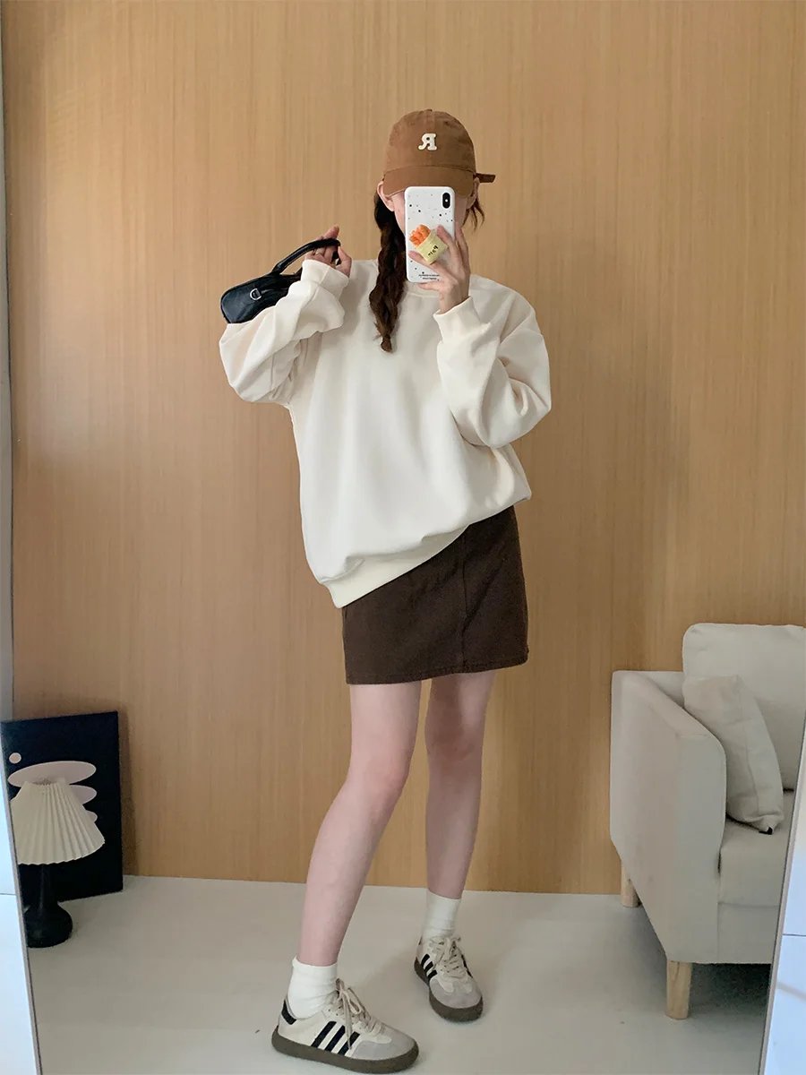 

Hirsionsan, бежевый однотонный тонкий бархатный свитшот с круглым вырезом, женский осенний свитшот 202, Новое поступление