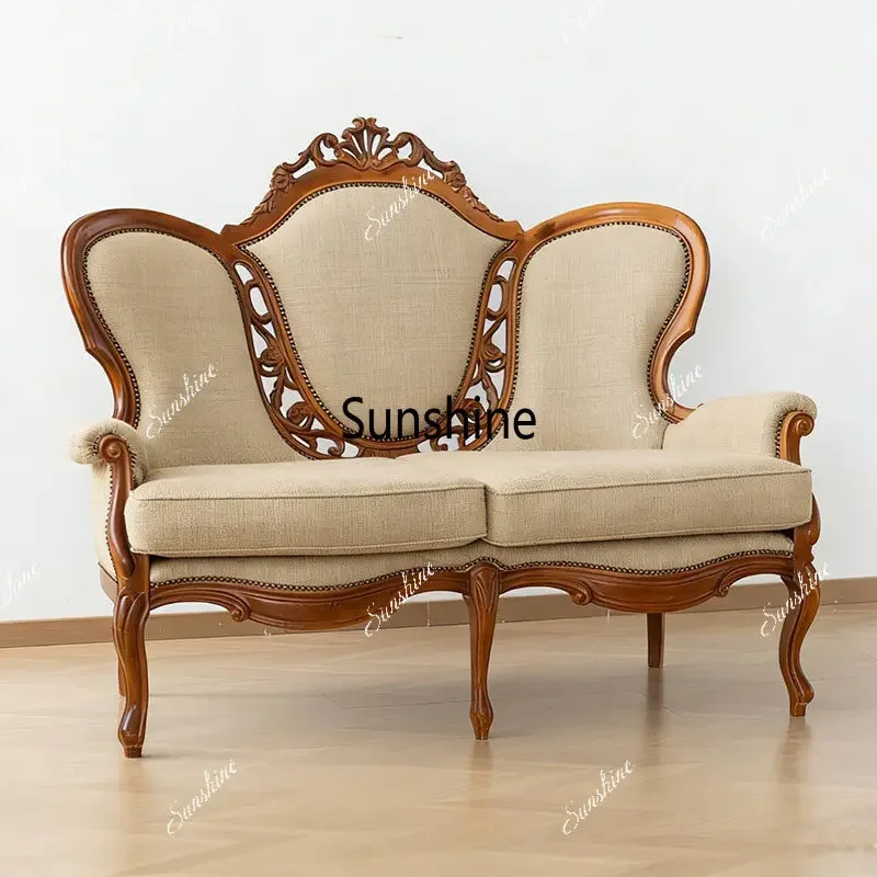YFrench retro solid wood carving flower sofa chair living room decoration design sense shooting props
