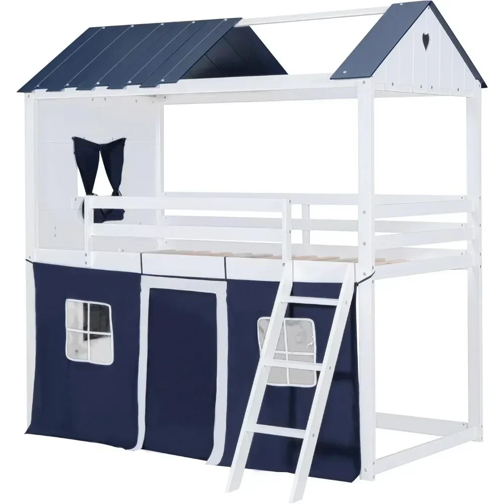 House Twin Loft Bunk Bed with Tent,Kids Twin Loft Bed with Ladders Guardrail  Windows & Roof Wood Twin Over Plywood Kid Bed