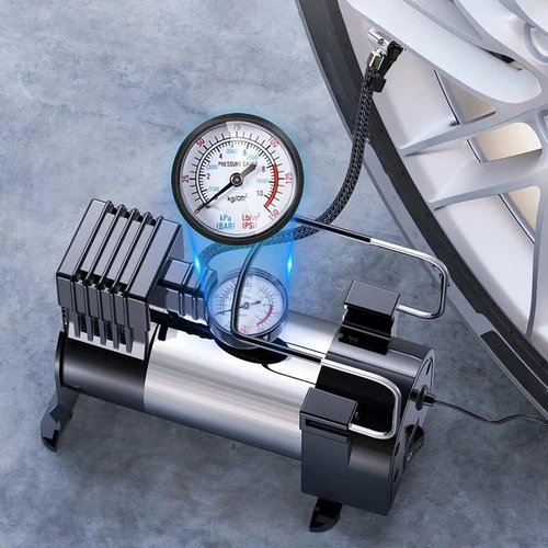 Imagen 2 del producto Inflador de neumáticos eléctrico con manómetro, Mini compresor de aire de Metal portátil de lujo, resistente, 12V