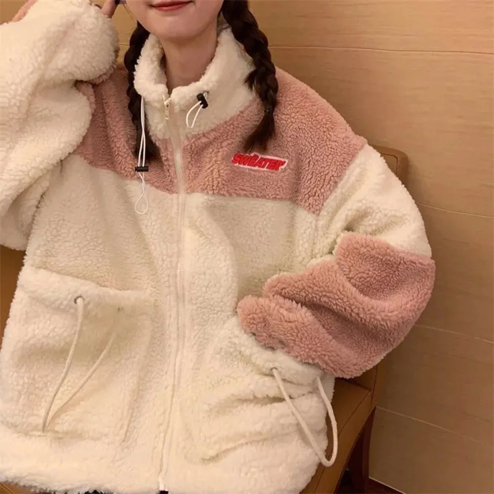 Japanese Plush Sweatshirt Casual Warm Jacket Splice Cartoon Print Hoodies Female Autumn Winter Cute Sweatshirts Coat Tops Female