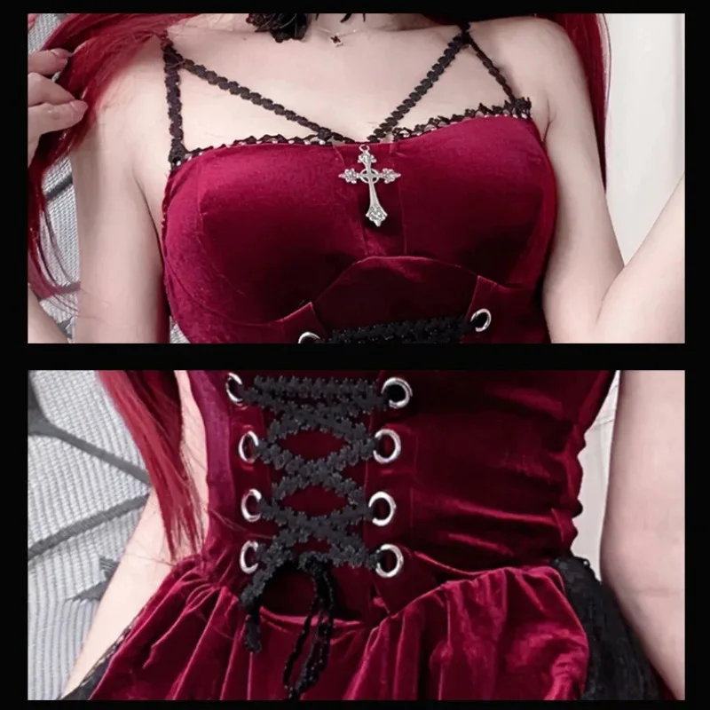 ชุดเดรสเจ้าสาวผีแวมไพร์ปีศาจผีสัตว์ผีเสื้อหางนกนางแอ่นสไตล์เรโทรใหม่ปี 2025 ชุดเดรสลูกไม้เซ็กซี่สไตล์โกธิคสีเข้มสำหรับฮาโลวีน