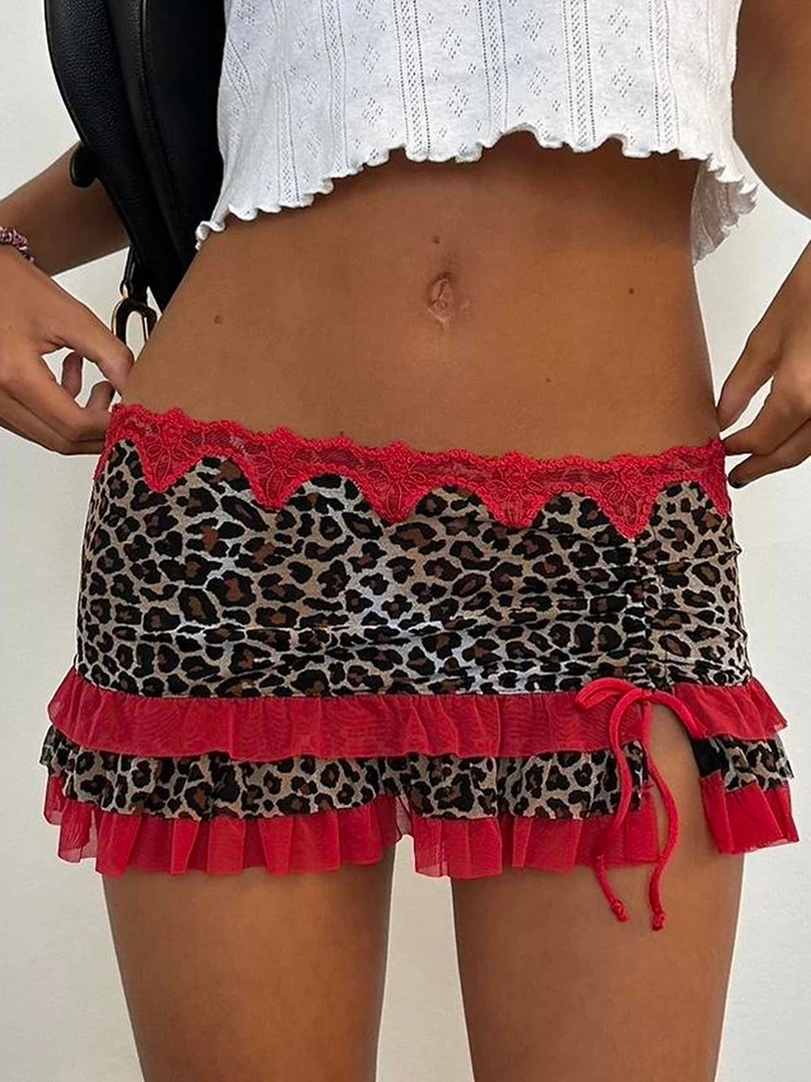 New Fashion Women Mini Short Skirt Low Waisted Leopard Print Ruffle Lace Edge Fashion Short Skirt Club Street Style S-XL