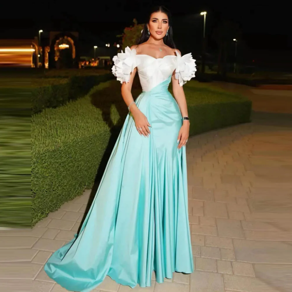 Sky Blue Prom Dresses Off The Shoulder A Line Satin Long Evening Dress Women Birthday Gowns