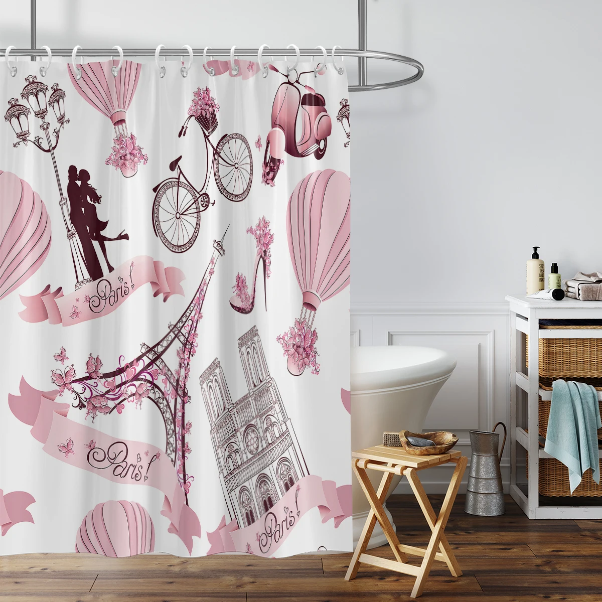 1 piece of 180x180cm pink Paris Tower pattern printed shower curtain partition bathroom waterproof and mildew proof