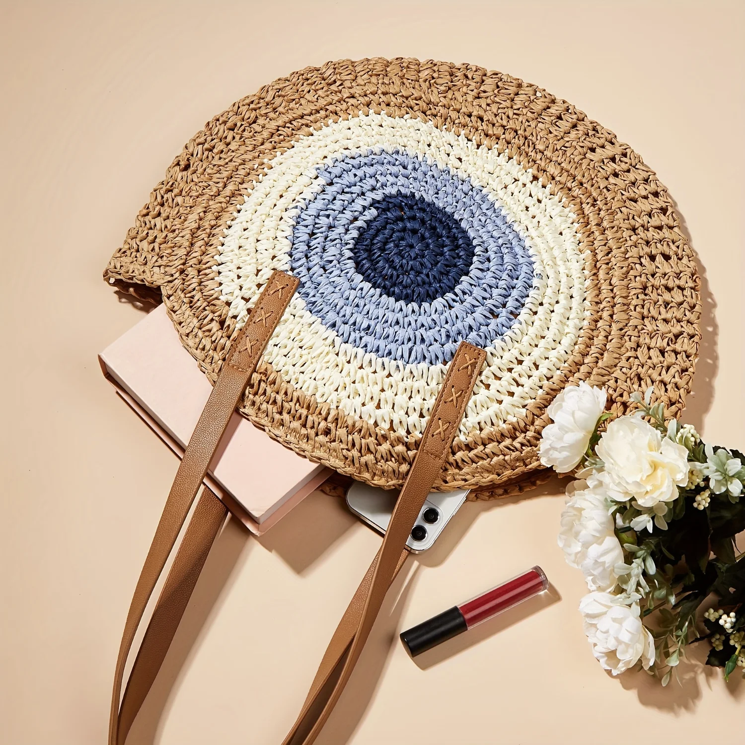 Contrast Straw Woven Tote Bag, Large Capacity Summer Beach Bag, Casual Travel Holiday Shoulder Bag