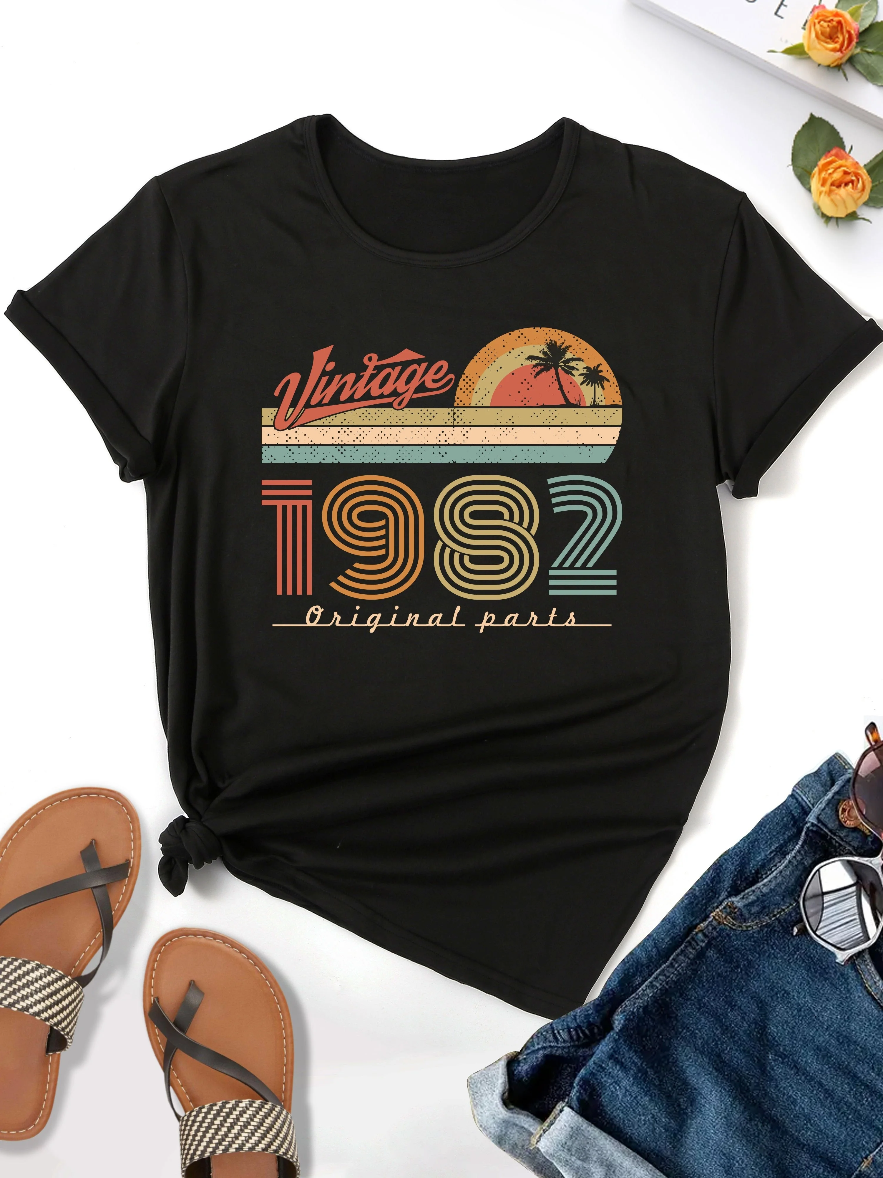 2024 New Vintage 1982 Print T-shirt, Casual Crew Neck Short Sleeve Top For Spring & Summer, Women\'s Clothing