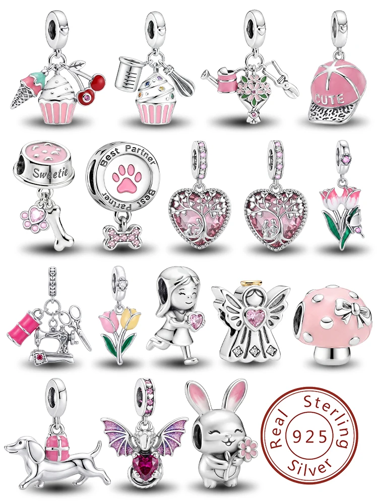 925 Sterling Silber Dackel-Geschenk Tulpenrosa Serie Charm-Anhänger für Armbänder DIY Hochwertiger Damenschmuck