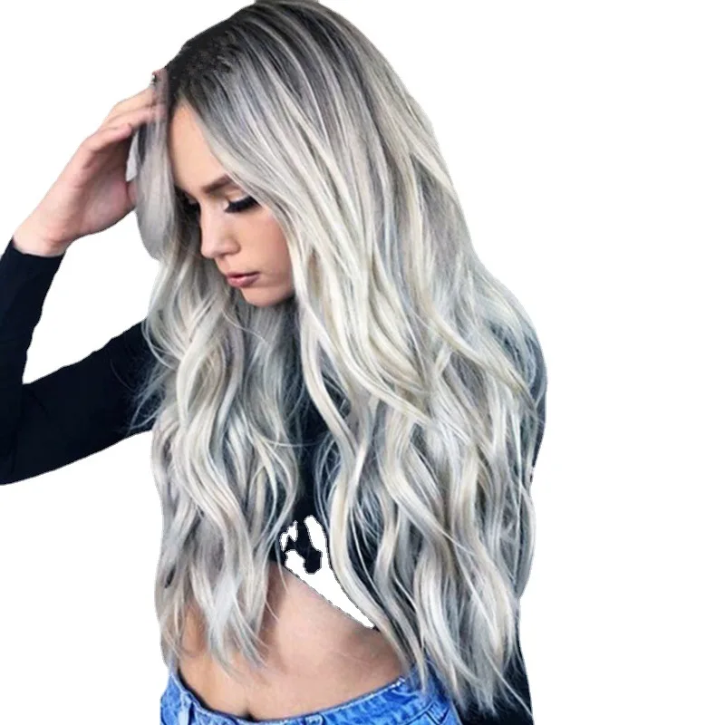 Lange krullende pruik Gebleekte en geverfde lange krullende pruik van middelbare scheiding COS Grijze gradiënt Lange krullende pruik Hoofddeksel van synthetische vezels