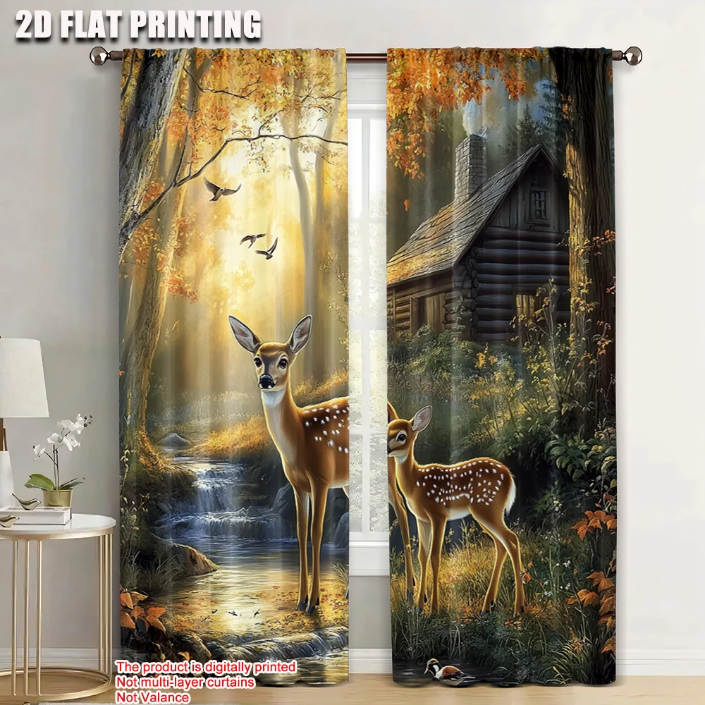 

2pc,Window Treatment Curtains Deer Machine Washable Fabric,Without Electricity Family Party Applies to Window art/Party