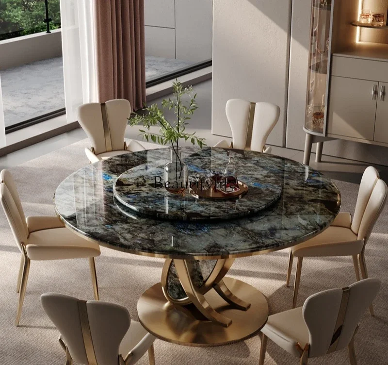 

Light luxury marble round dining table microcrystalline stone household light luxury high-end turntable