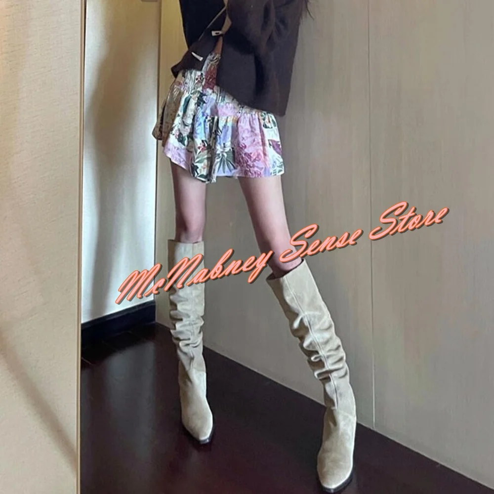 

Solid Suede Pleated Boots Pointy Toe Slip On Knee High Boots Flat With Spring Autumn New Women Shoes Party Dress Casual Boots