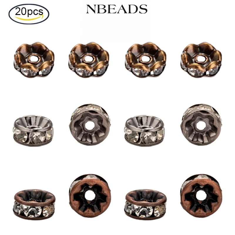 

20PC Rhinestone Spacer Beads Copper Grade Flat Round Antique Bronze Metal Color Clear Loose Spacer Beads for DIY Jewelry Making