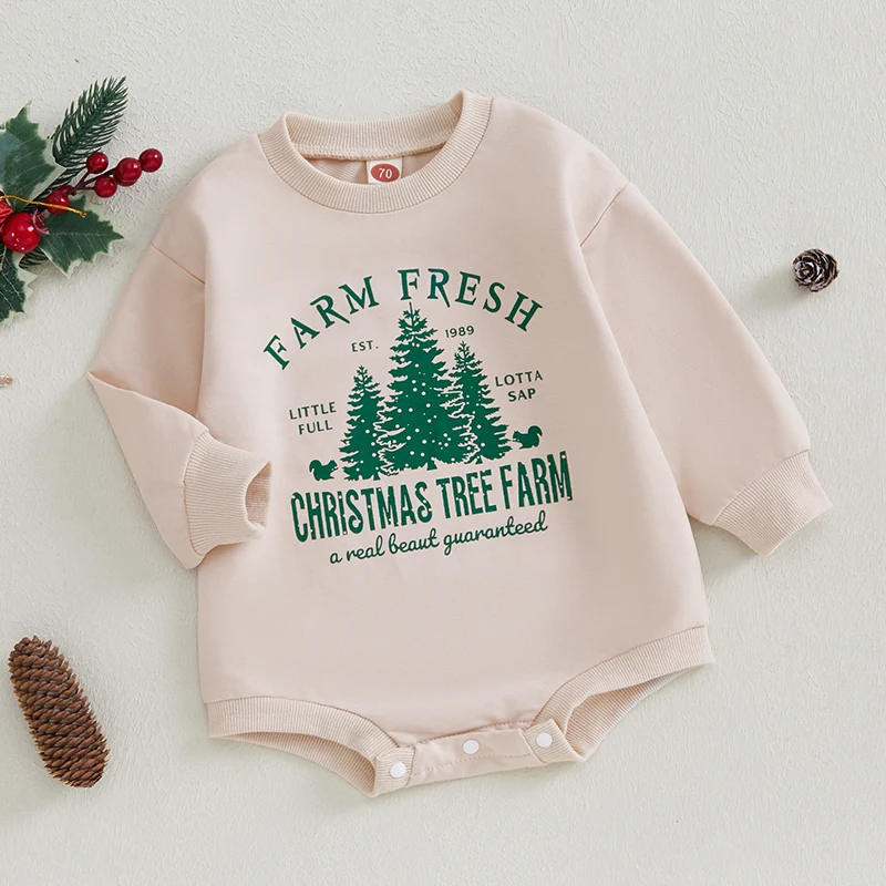 Sweatshirt Natal bayi Romper huruf gambar pohon gelembung lengan panjang leher kru Jumpsuit Xmas bodysuit pakaian 2024