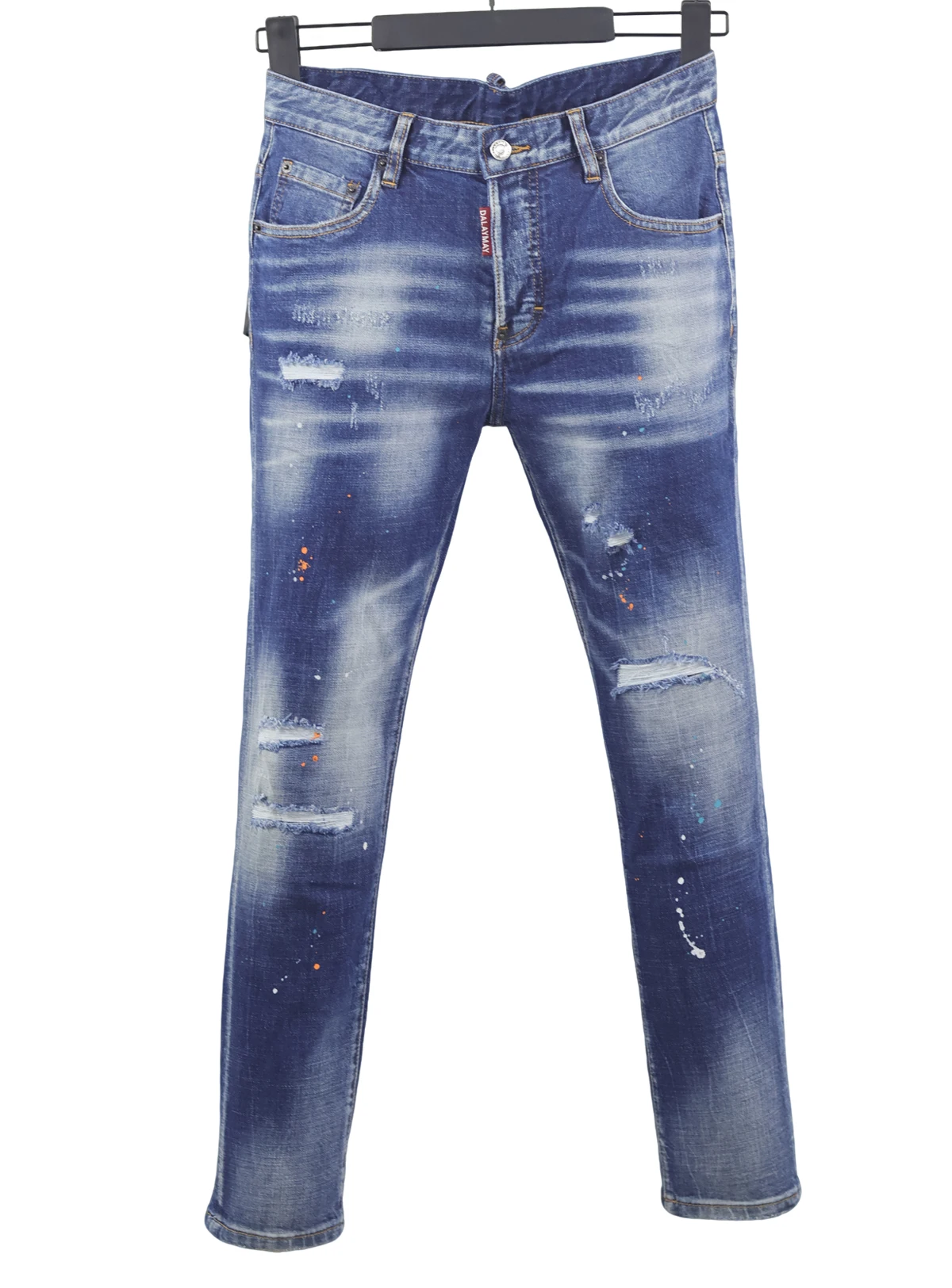 

6022 Four Seasons New D2 Jeans Men's Washed Ripped Patch Paint All-match Slim-fit Feet Blue