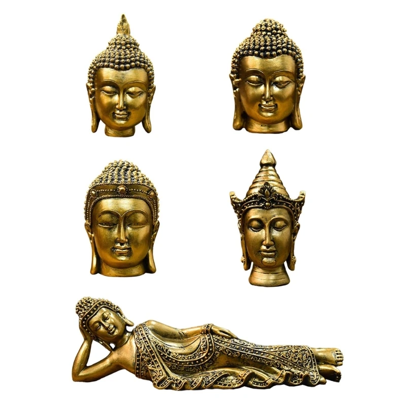 Golden Resin Statue Buddhism Reclining Detailed Ornament for Believer