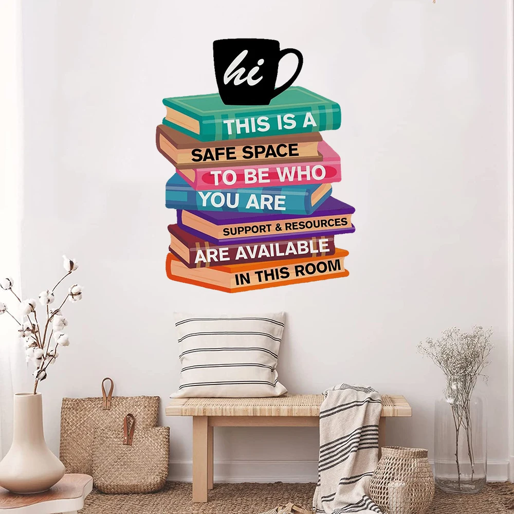 Pegatinas de pared de libro de lectura grande, cocina escolar, este es un espacio seguro para ser quién eres, calcomanías de pared, decoración del hogar para dormitorio