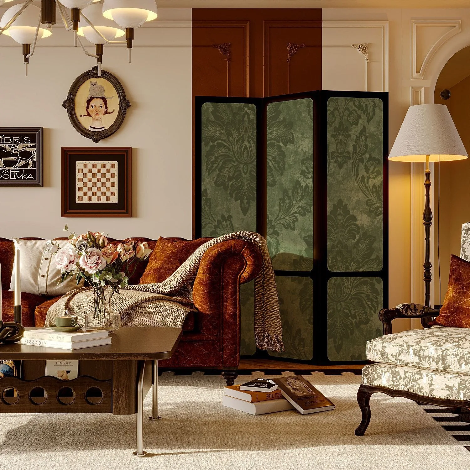 Medieval French, green American screen partition, living room and bedroom occlusion, entrance mobile folding screen