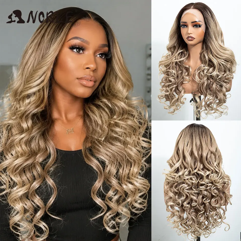 NOBLE 13X4 Lace-Front-Synthetikperücke, 28 Zoll, Ombré-Blond, lockige, lockere Frisur, mit Pony, hitzebeständig, TikTok-Perücke für schwarze Frauen, für den täglichen Gebrauch. – Detail 1