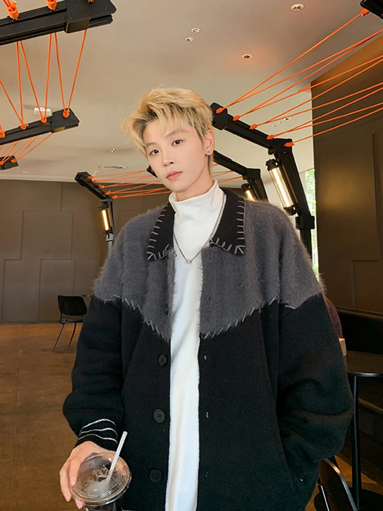 

Bla Fur Knitwear Cardigan Design Casual Sle Color Blo Men's Autumn American Leisure Long Sve V-Ne Sweater Coat