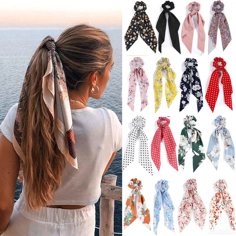 Fashion Flower Print Bow Satin Long Ribbon Ponytail Scarf Tie Scrunchies Women Girls Elastic Bands Hair Accessories