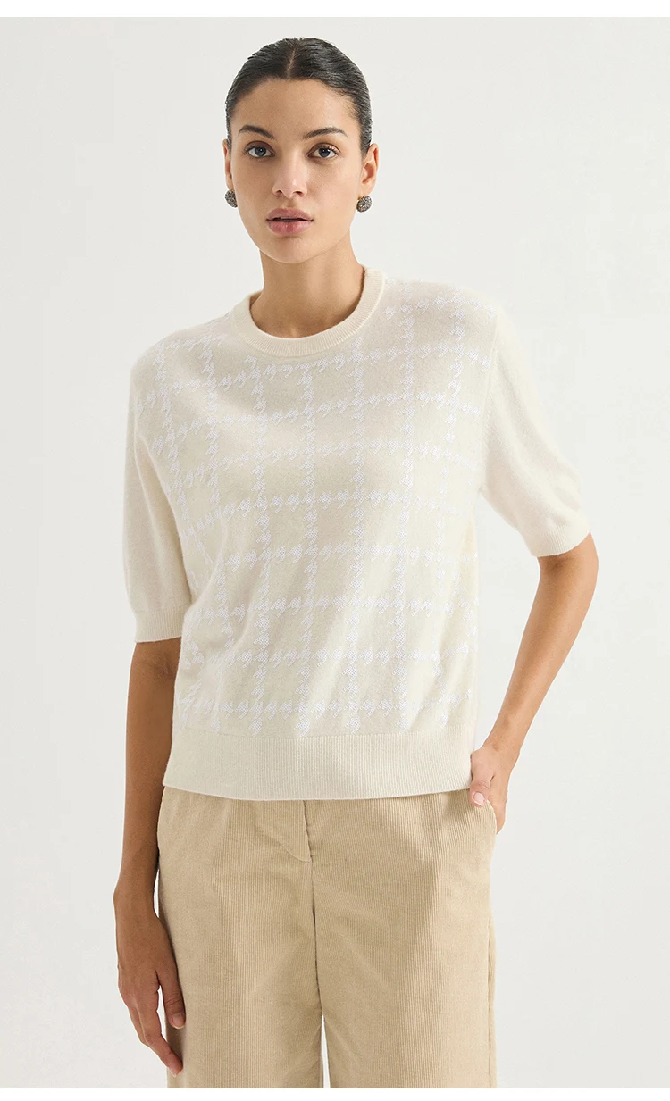 BD4621791 Damen Pullover aus 100% Kaschmir mit kurzen Ärmeln, Rundhalsausschnitt, durchgehend mit Pailletten, durchbrochener Schulterbereich, Bürokleidung für den frühen Herbst. – Detail 6